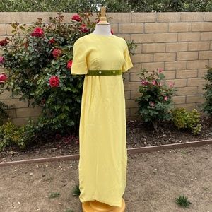 Vintage yellow 60s regency dress with velvet embroidered waistband